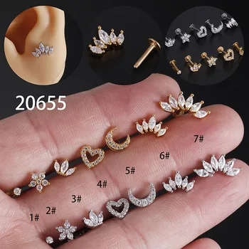 1 ชิ้น 1.2 มม.หัวใจดอกไม้มงกุฎกระดูกอ่อนต่างหูสแตนเลสZircon Conch Rook Tragusสตั๊ดLabretกลับเจาะเครื่องประดับ