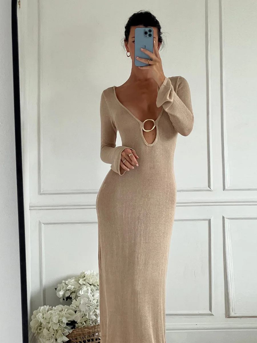 long sleeve deep plunge maxi dress Long Sleeve Plunge V Neck Maxi Dress Green