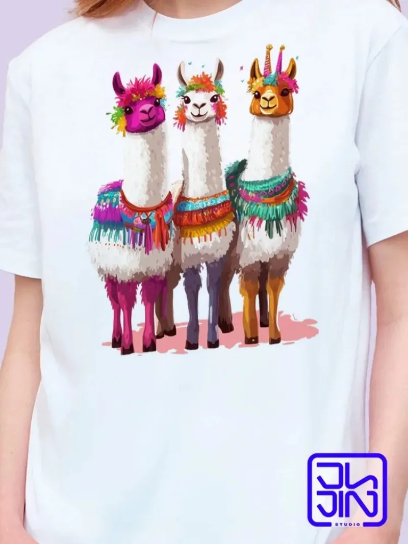 Women O Neck T Shirt Colorful Festival Llama Print Short Sleeve Casual Ladies Summer Animal Tees Tops Graphic T Shirts