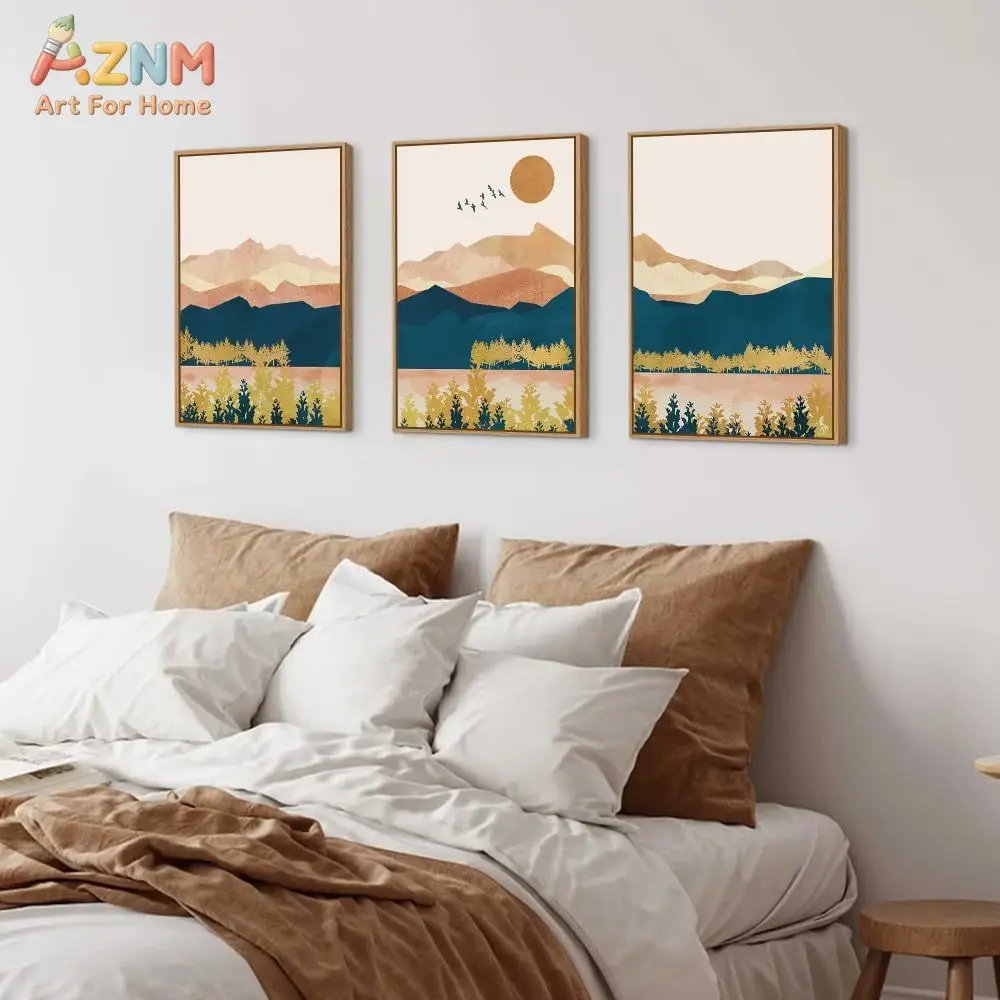 AZNM 3PCS Boho Mountain Landscape Canvas Wall Art Prints, Teal Gold Abstract Sun Forest Wall Decor, Minimalist Mid Century Moder