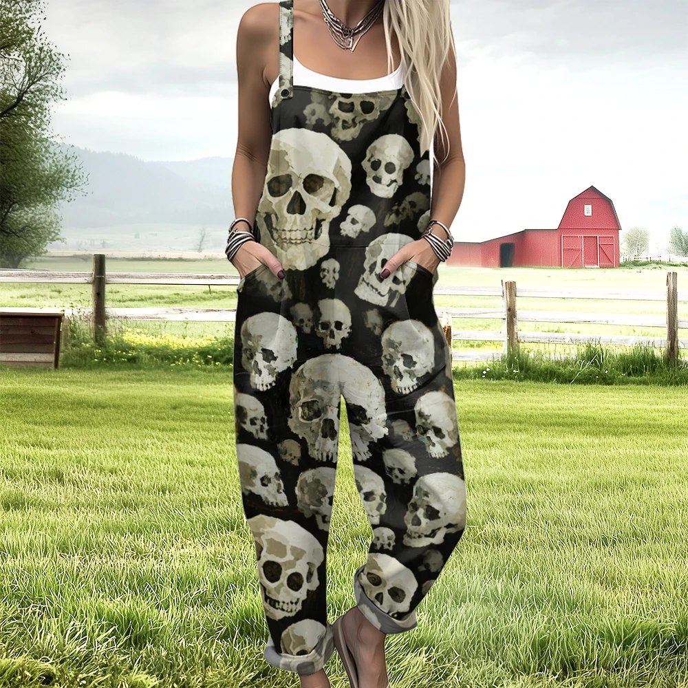 Halloween Pumpkin Skeleton Print Jumpsuit Boho Chic Romper Holiday Overalls Vintage Hippie Chic Rompers Cool Countryside Outfit
