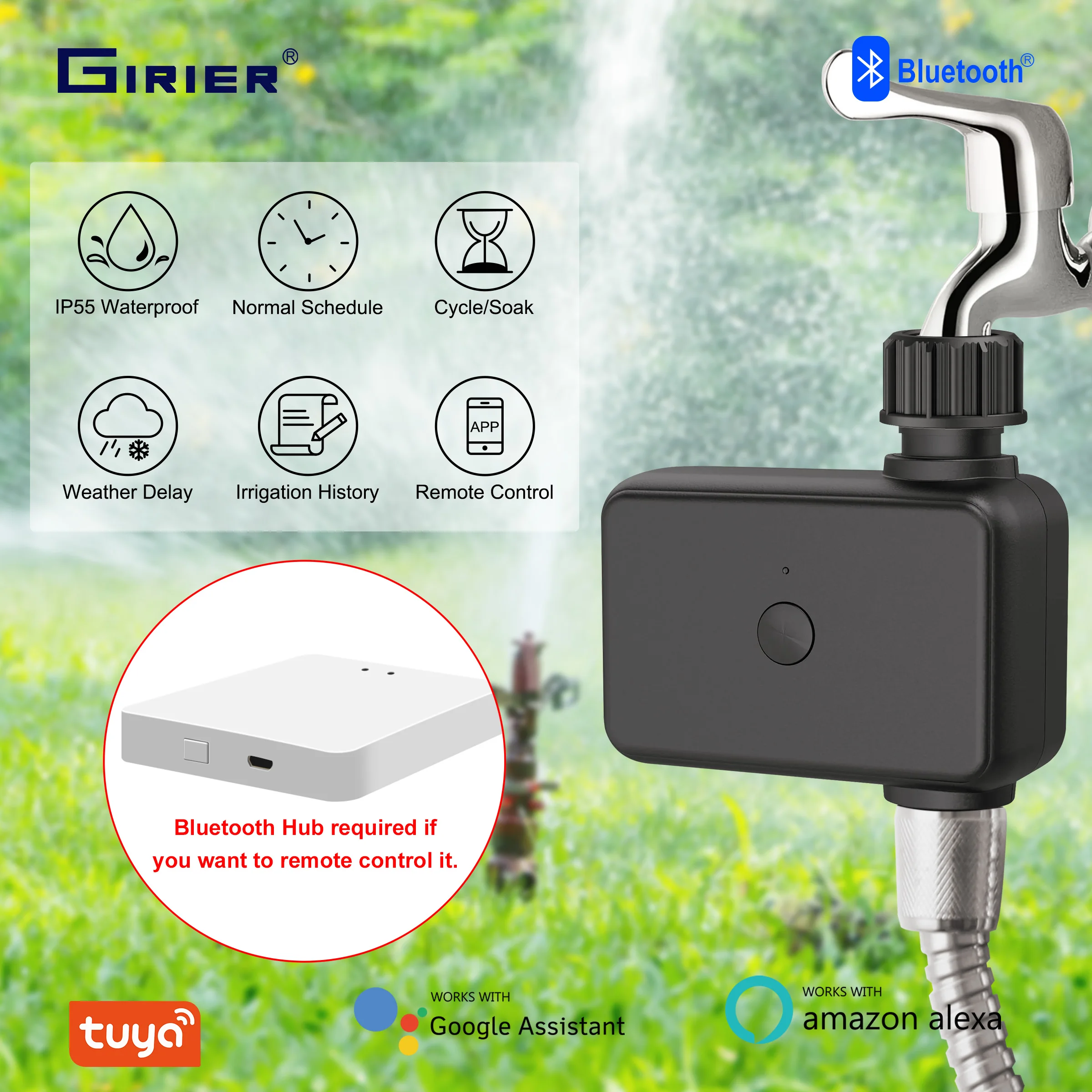 

GIRIER Tuya Smart Sprinkler Timer, WiFi Bluetooth Watering Timer for Automatic Drip Irrigation System for Garden/Yard/Lawn Care