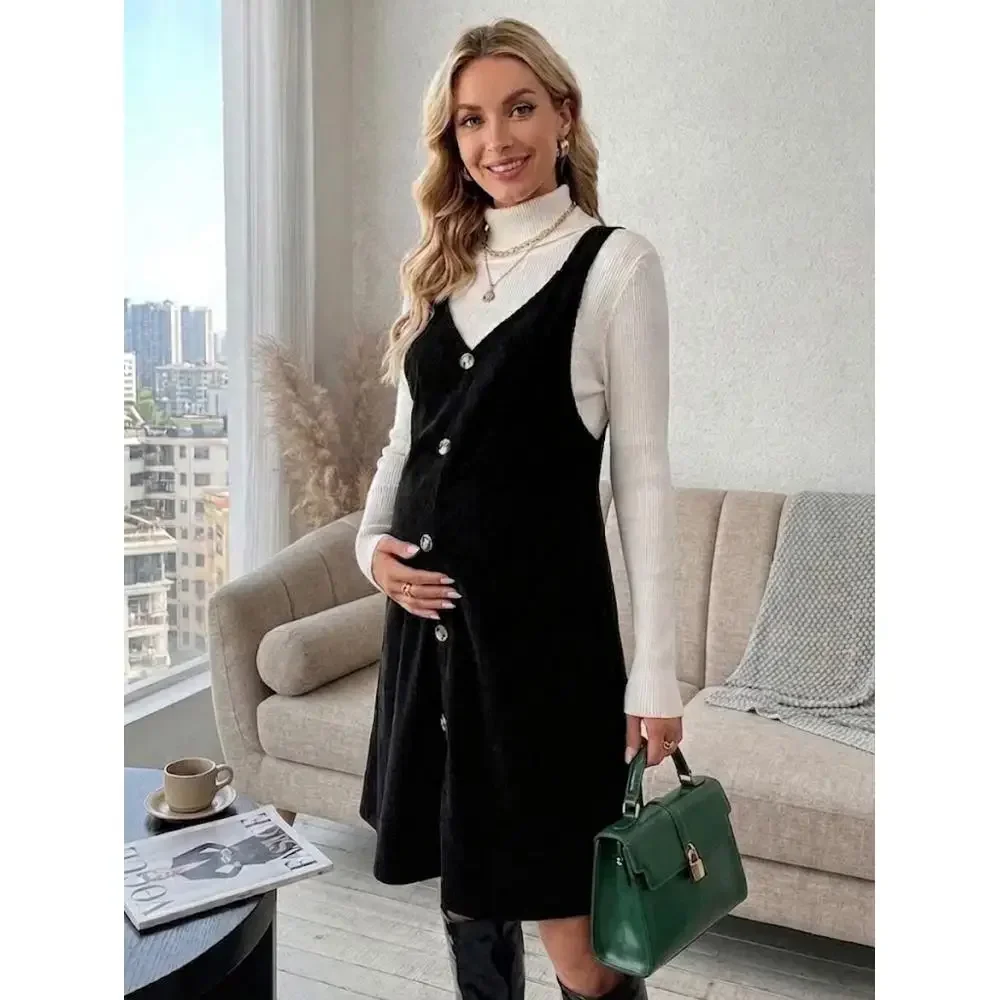 Maternity single-piece tank dress, romper, long-sleeve dress, corduroy maxi dress for autumn and winter, maternity wear