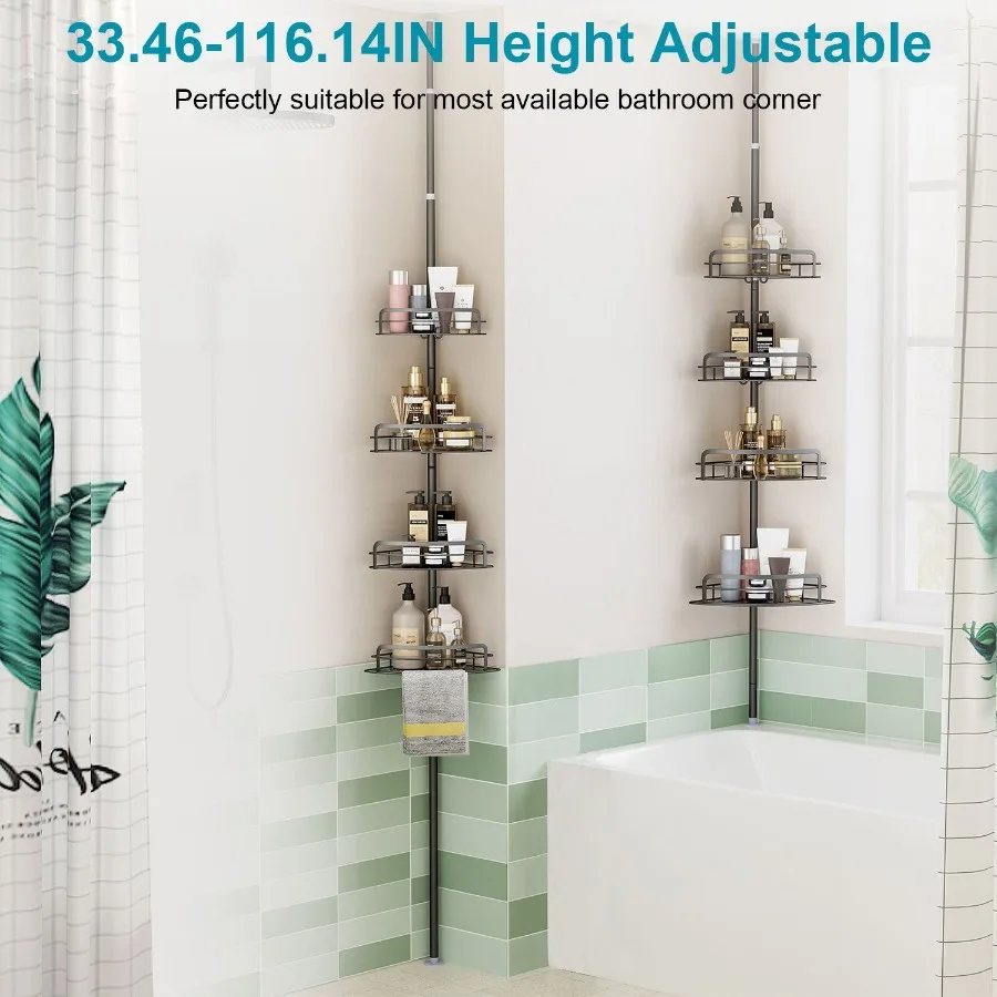 

Corner Shower Caddy Tension Pole Quick Setup RustFree Bathroom Shower Organizer Corner for Bathtub Shampoo Storage 4Tier Adjust
