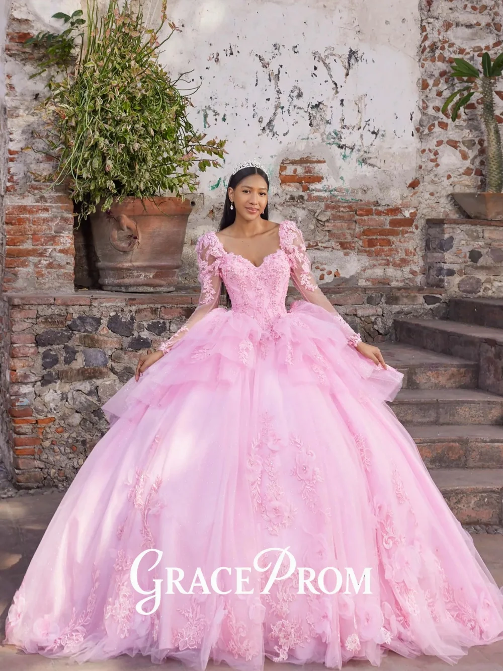 

Pink Tulle Long Sleeve Quinceanera Dress Formal Floral Embellished Birthday Gown Stunning Ball Gown Floor Length Quinceanera Gow