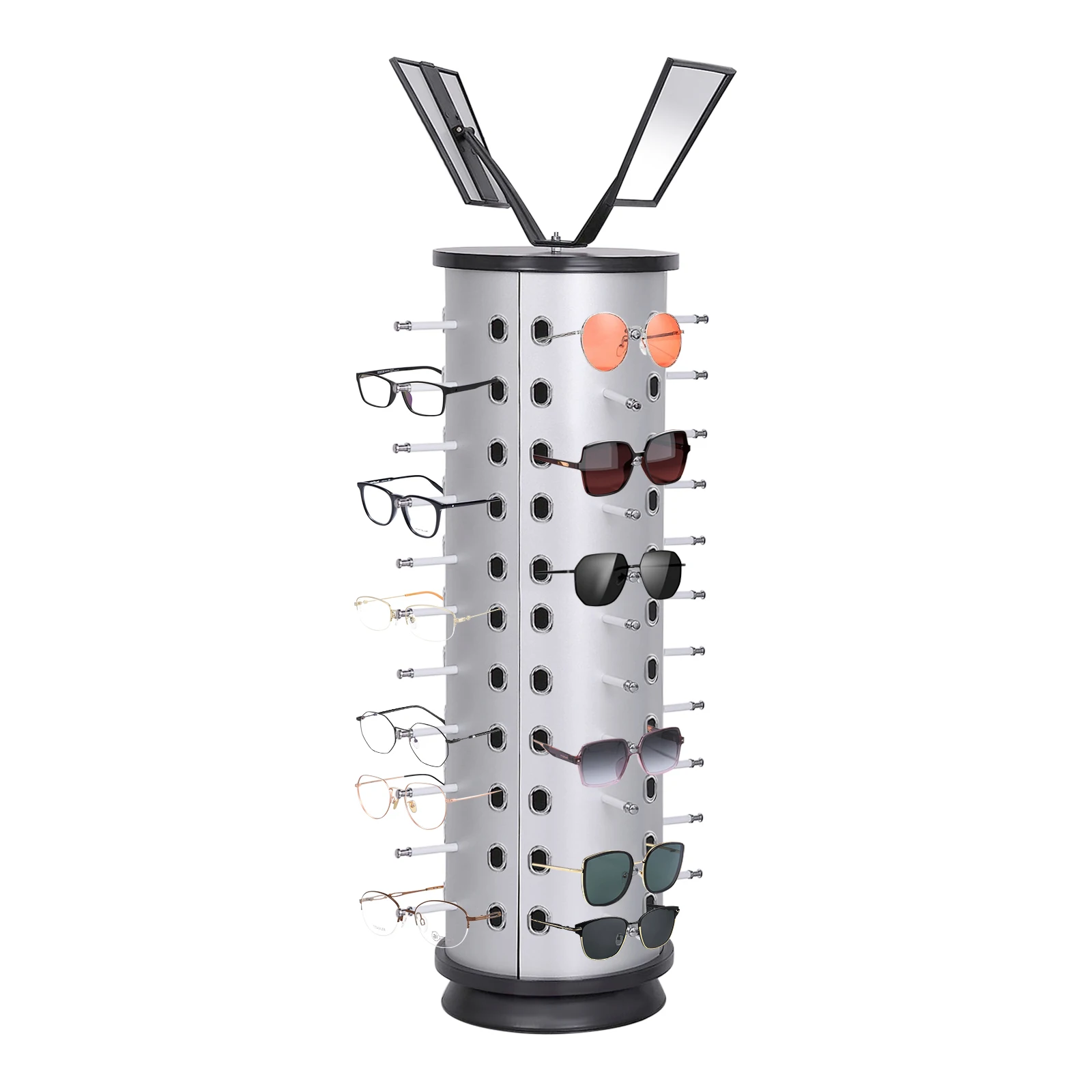 

360° Rotating Sunglasses Display Stand 44 Pairs of Glasses Storage Shelf Organizer Freestanding Rack with Mirror