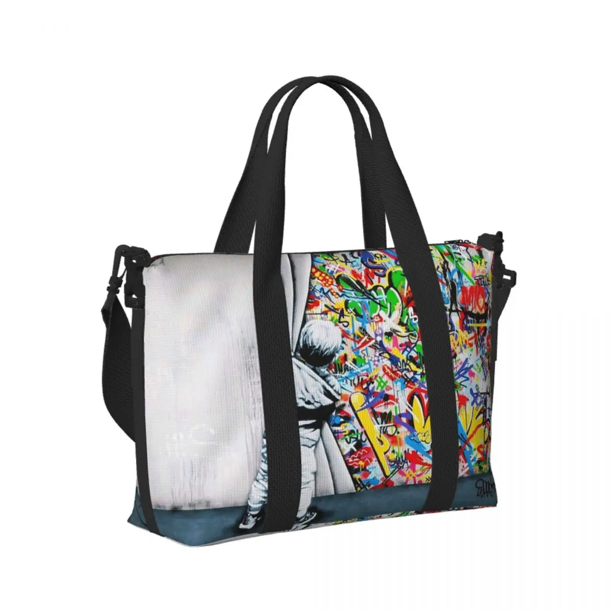 

Behind The Curtain Boy - Banksy Street Art Mural Beach Travel Bag Tote Bags for Gym Sport Women Shopping Duffle Shoulder Bag