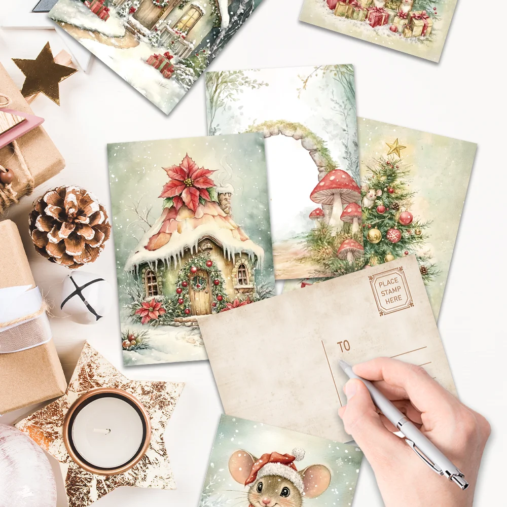 32-teiliges Weihnachtspostkarten-Set, verschneite Szene und gemütliches Kabinendesign, hochwertiger dicker Karton, perfektes Weihnachtsgeschenk für Studenten – Detail 6