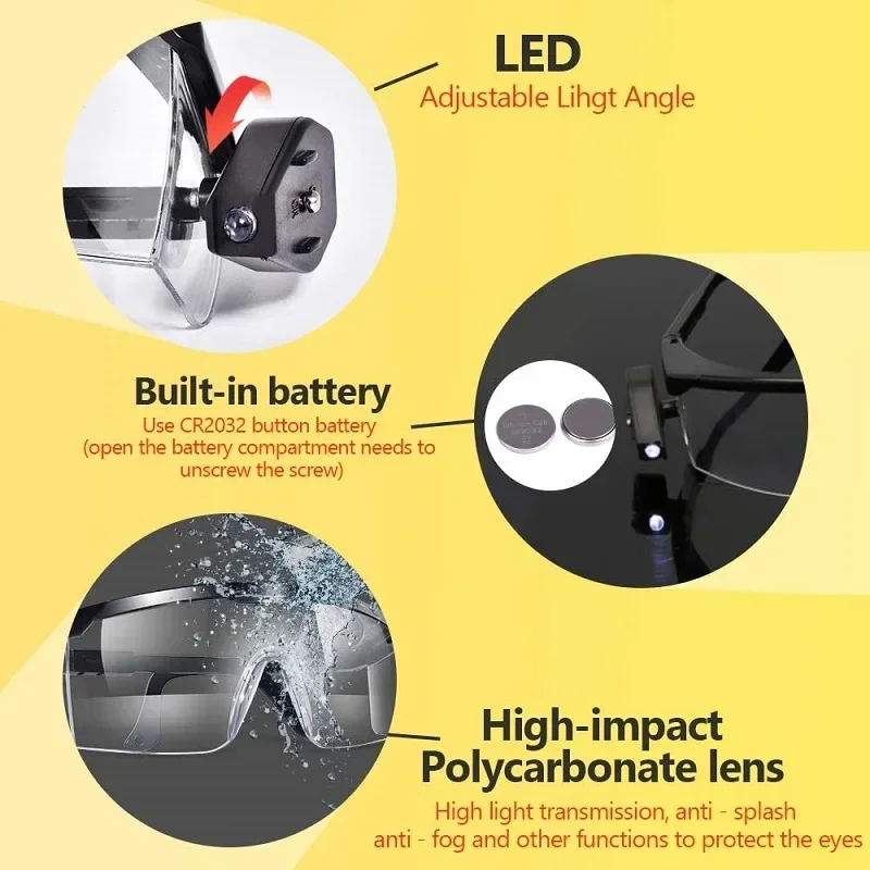 LED Protective Night Vision Glasses Built-in CR2032 Button Battery Dust Proof and Anti Fog Work Lamp Adjustable Reading Light