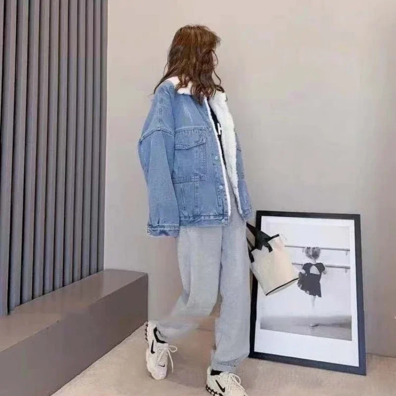 

Women's New Autumn Winter Korean Style Loose Petite Student Short Denim Jacket Fleece Lined Thickened Shearling Warm Versatile