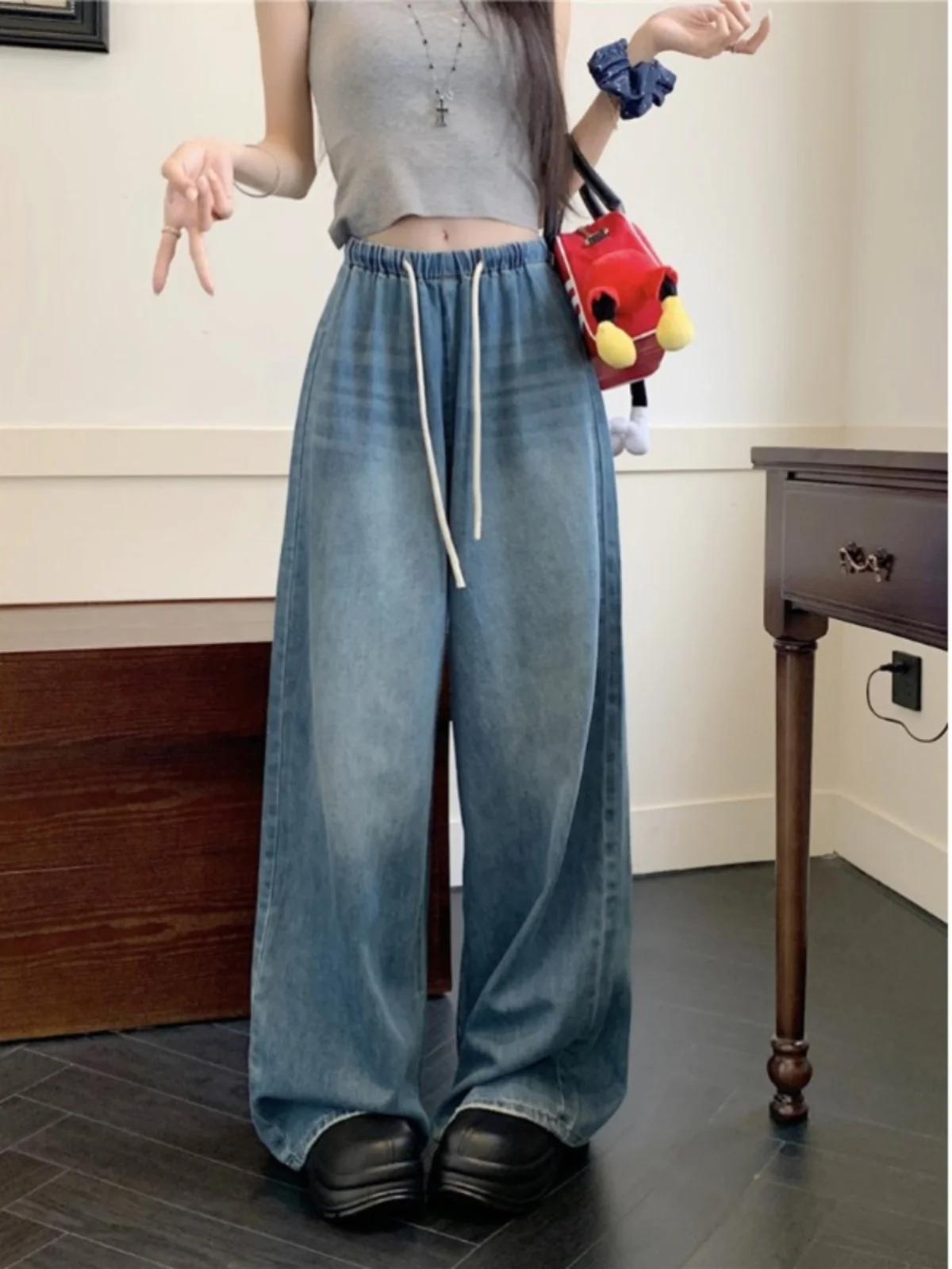 

Джинсы женские с высокой талией, широкими штанинами, длиной в пол, корейский стиль, универсальные, для студенток, с эластичным поясом и шнурком, джинсовые брюки