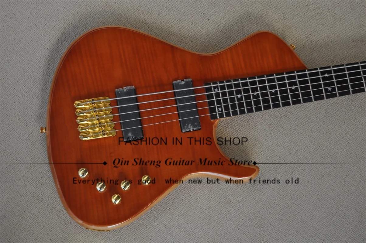 5 Strings  Bass Guitar Red Brown Bass Maple Neck Through ASH Wood Body Rosewood Fingerboard 24 Frets Stars Inlay Active Battery