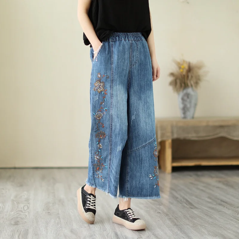 Jeans For Women Embroidery Korean Fashion Elastic Waist Wide Leg Pants Casual Ripped Hole Denim Ankle-Length Pants