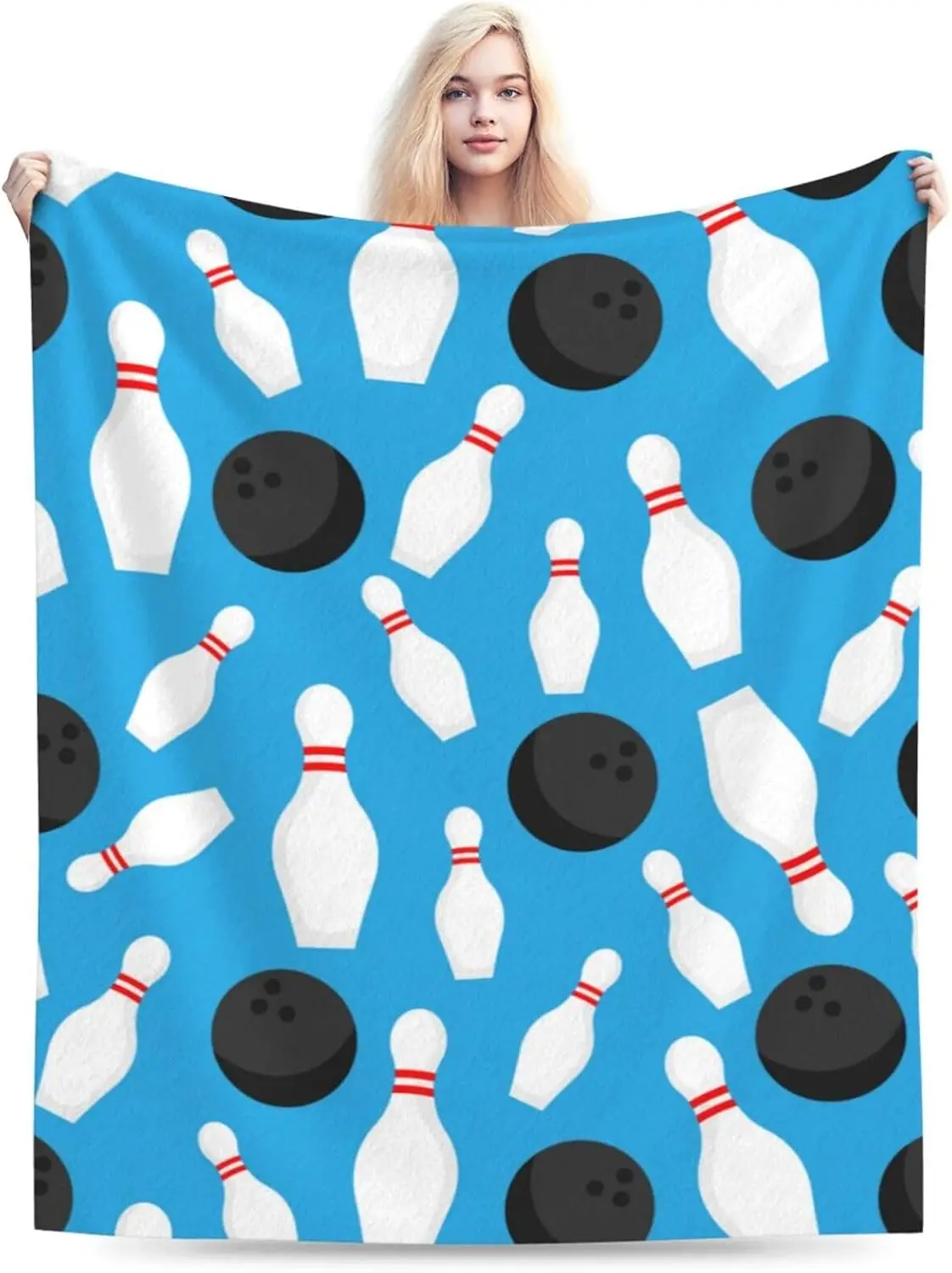 White Bowling Pin Black Ball Bright Blue Base Seamless Flannel Throw Blanket, Soft Warm Sofa Cover, Sport Bowling Bedroom Decor