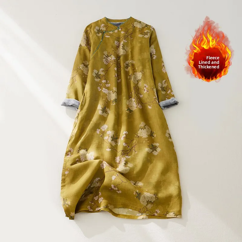 Thiened Fce Algodão Linho Longo Sve Floral Estampado Gola Dr para Mulheres Plus Size Étnico Sle Casual Inverno Dr