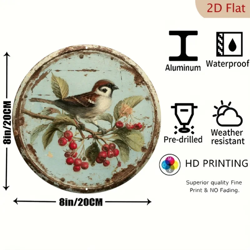 2D Flat, 2D Flat Design, Bird and Cherry Vintage Metal Sign - 8x8 Inch Round Aluminum Badge. 2D Printing Process, Suitable for H