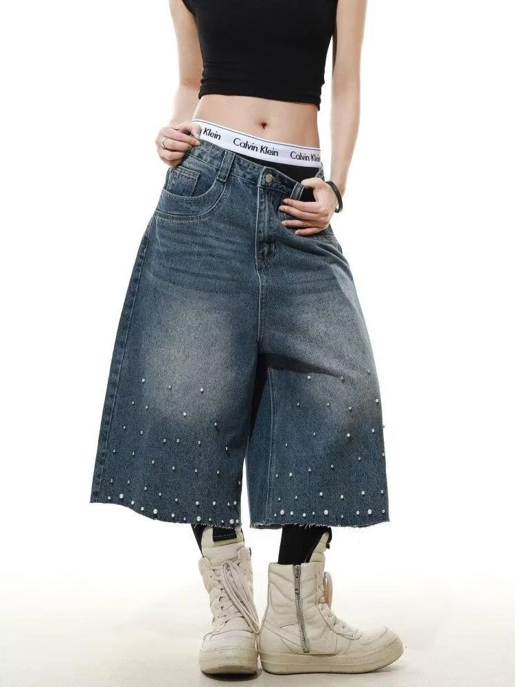 

HOUZHOU Vintage Y2k Jeans Shorts Women Hip Hop Washed Baggy Blue Denim Shorts High Waist Retro Punk Streetwear Wide Leg Jorts