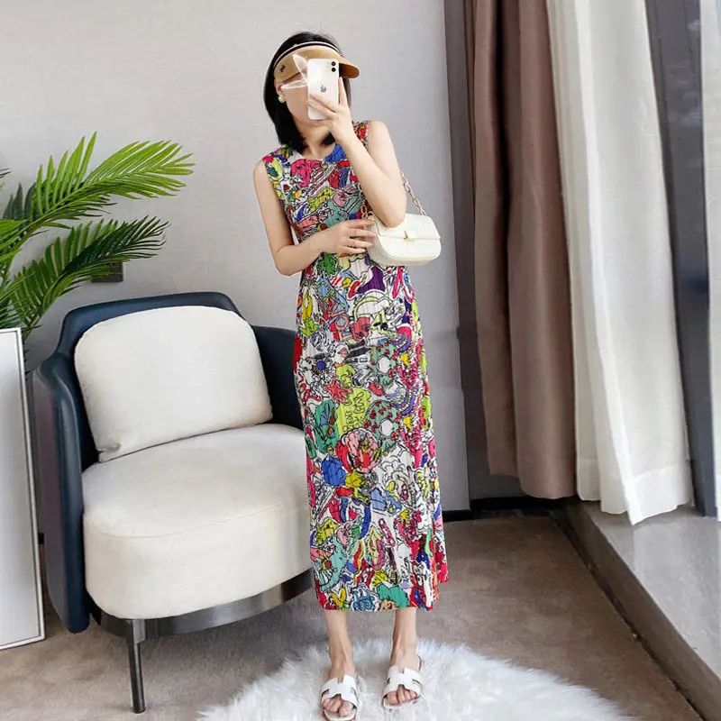 

Elegant Pleated Printed Sleeveless Dress for Women Spring/Summer 2023 New Round Neck Slim and Versatile Bottom Dress Female