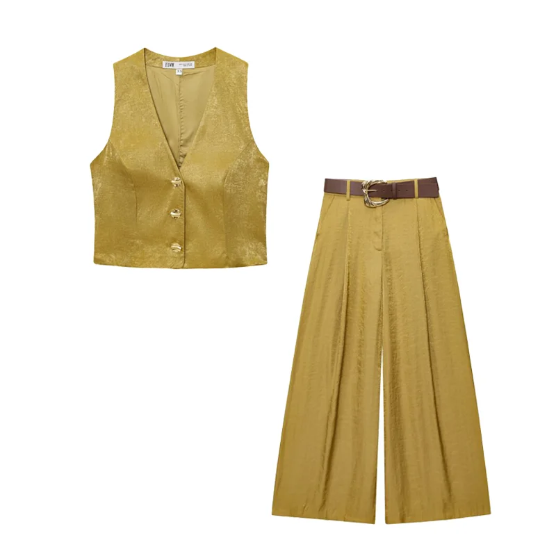26Women's Spring Summer Gold Casual Two Piece Set V Neck Vest with Wide Leg Pants (Including Belt) Fashionable and Unique Outfit