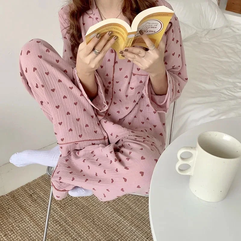 

Cotton Sleepwear Korean Pajamas Women Autumn Cute Heart Print Pyjamas Long Sleeve Pijama Female Set Negligee Cardigan Suit