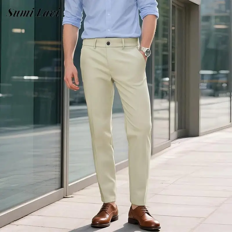 

Spring Autumn New Casual Elastic Slim Pants Mens Stylish Solid Color Straight Trousers Men Business Style Breathable Chinos