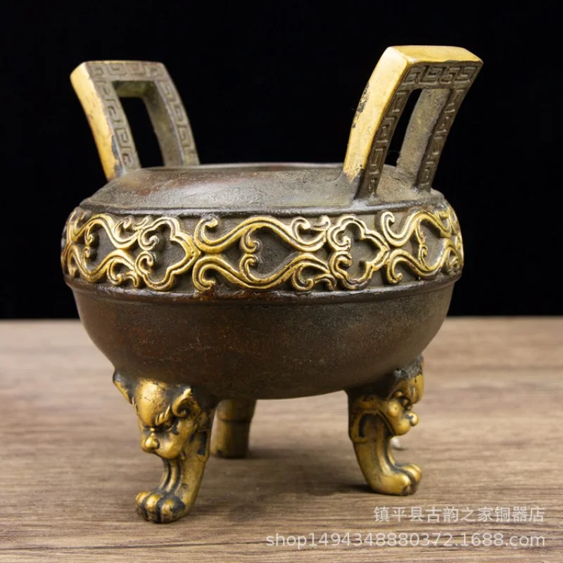 Pure Copper Antique-Style Gilded Lion Foot Punch Dragon Pattern Incense Burner Ornament for Office Living Room Shop Desktop Deco