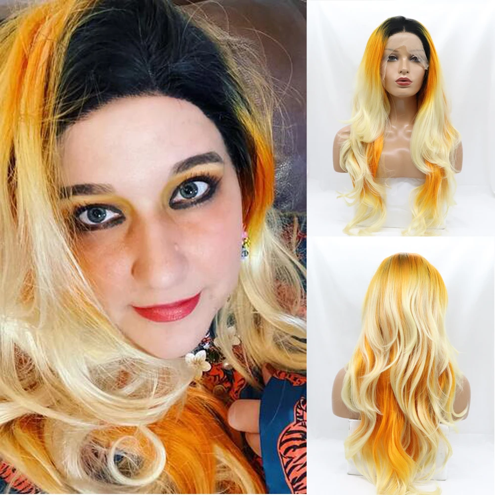 Long Wavy 3 Tone Lace Front Wig Black Root to Orange Mix Blonde Free Part Heat Resistant Fiber Synthetic Wigs for Women 24 Inch