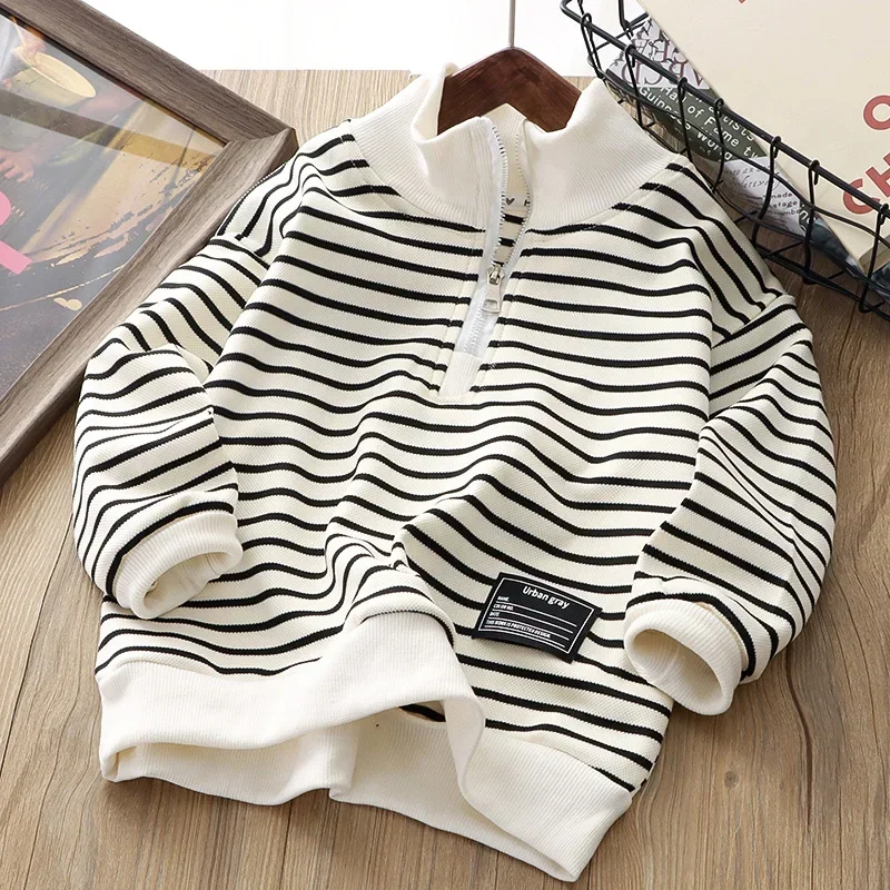 

New 2024 Kids Fashion Zipper Stand Collar Striped Hoodies Tops Baby Boys Autumn Casual Pullover Sweatshirt Children's Clothing