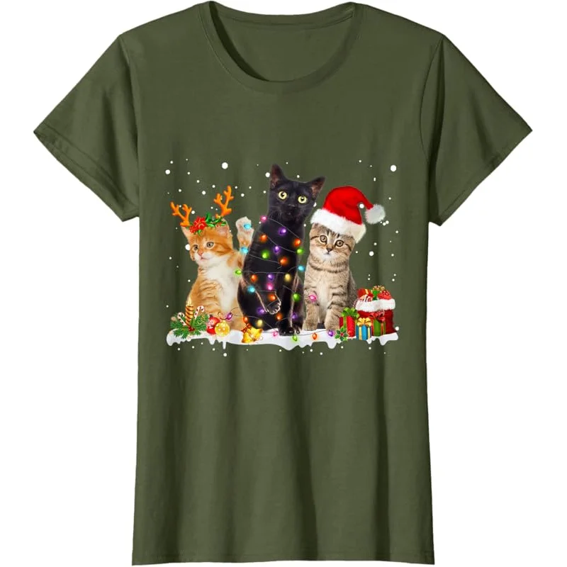 Santa Cat Light Precioso pijama de reno Camiseta navideña para amantes de los gatos