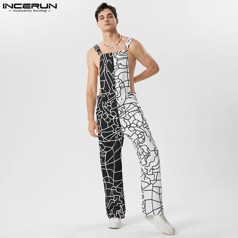 2023 Men Jumpsuits Print Patchwork Sleeveless Streetwear Summer Suspenders Rompers Fashion Male Straps Overalls S-5XL INCERUN