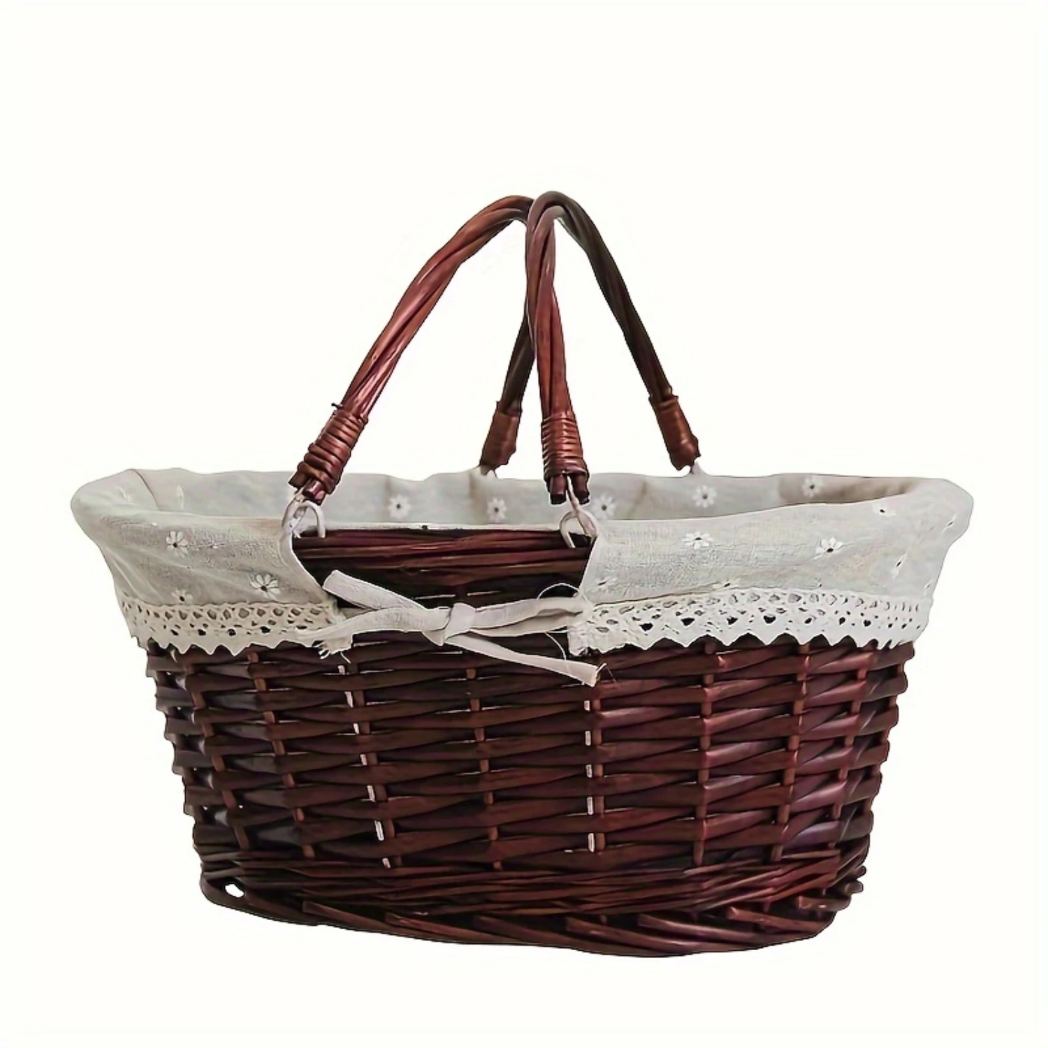 1pc Woven  Basket With Liner, Handmade Rattan And Willow Weaving Basket, Handheld Shopping Basket, Picnic Basket, Fruit  Basket,