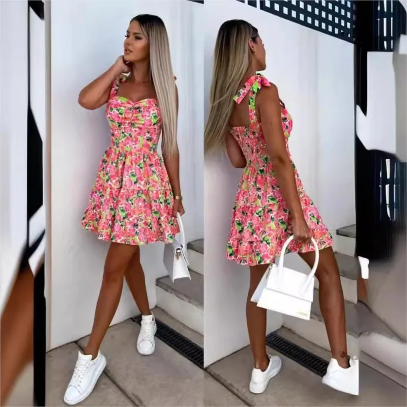 

2024 Summer Fashion Short Boho Dress Women Mini Floral Print Dress Female Sleeveless Hanging Belt Printed Waist Folded Dress Y2K