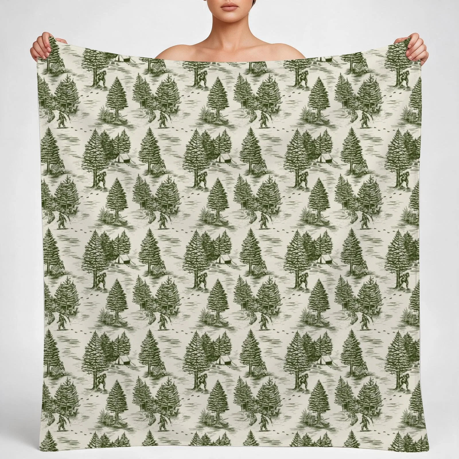 Bigfoot / Sasquatch Toile de Jouy in Forest Green Throw Blanket couch cozy soft plush fuzzy picnic outdoor blanket