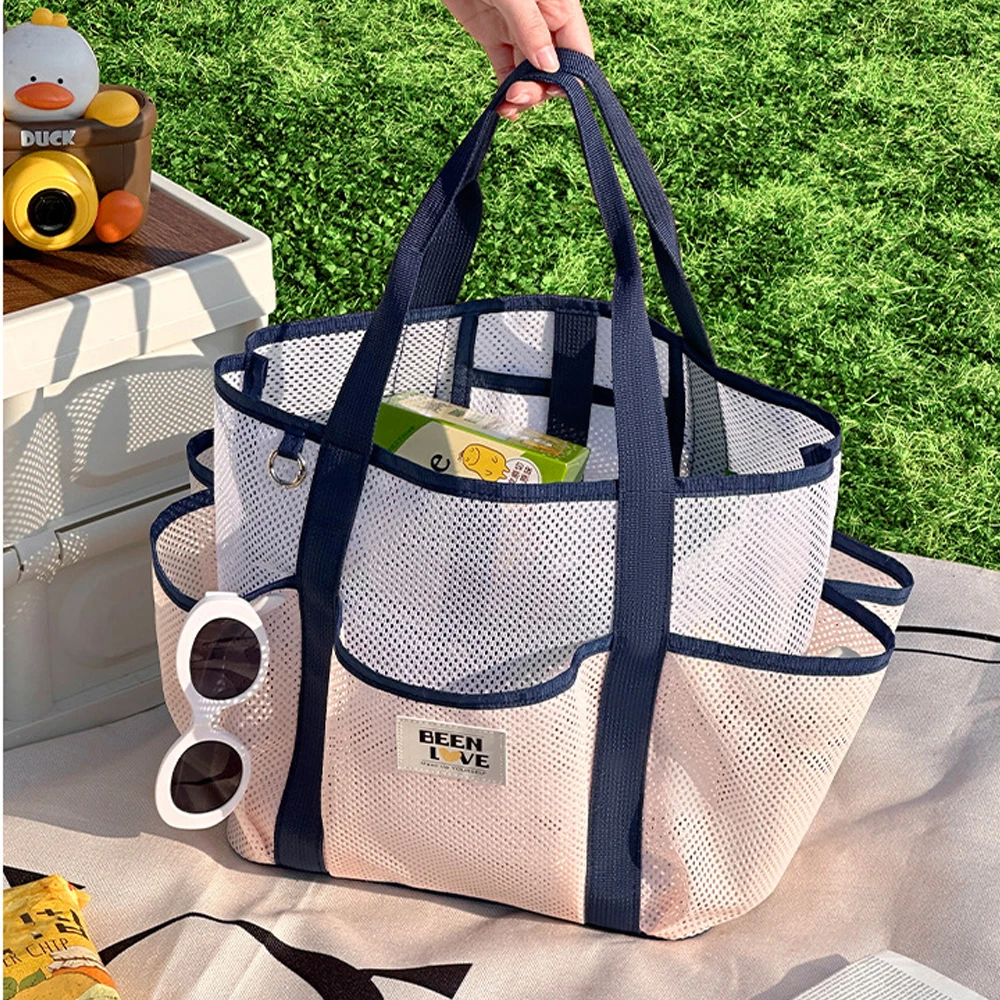 

Large Capacity Portable Hand-held Beach Bag Tote Bag New Foldable Square Polyester Storage Bag for Swimming Camping Vacations