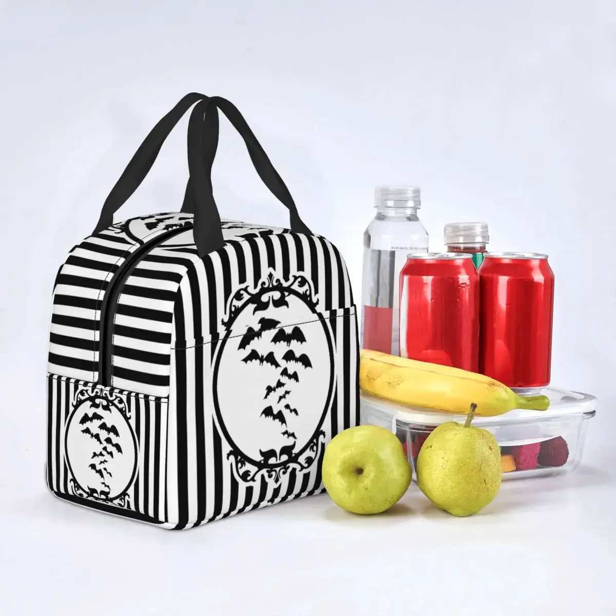 Stripes And Bats Resuable Lunch Boxes for Women Waterproof Goth Occult Witch Halloween Thermal Cooler Food Insulated Lunch Bag