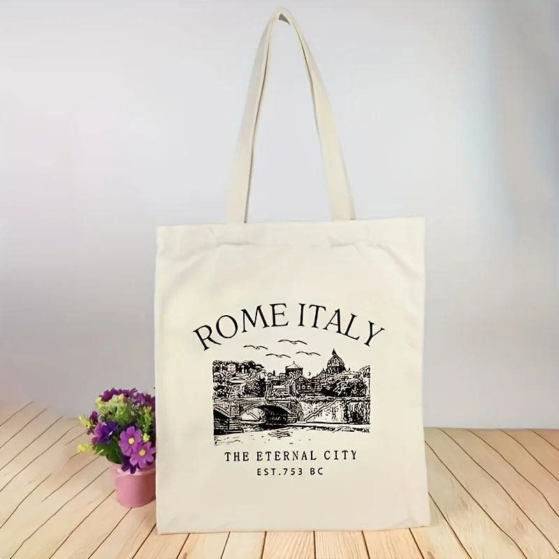 A Roman Italian pattern print canvas tote bag, suitable for daily use, shopping, school, and travel