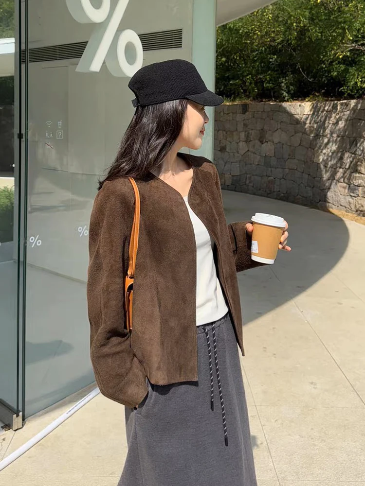 Retro Quality Leather Jacket For Women O-Neck Kid Suede Leather Coat Female Slimming Versatile Jaqueta Streetwear