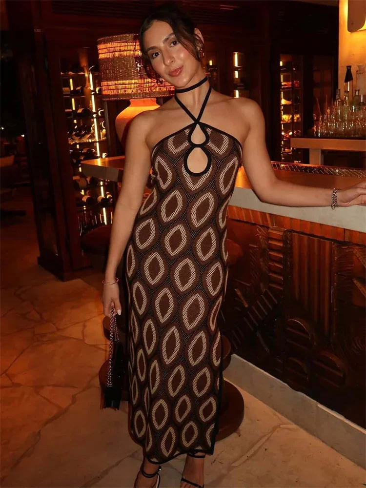 Knit Printed Hollow Out Long Dress Women Bandage Backless Contrast Beach Holiday Dress Clothes Female Boho Knitwear Dress
