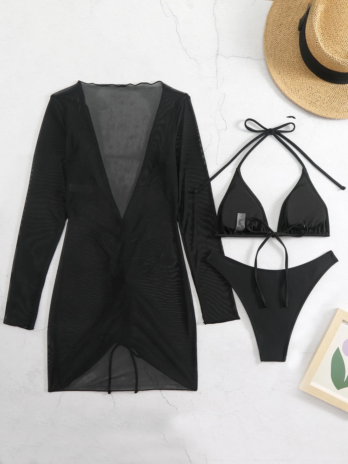 

Соблазнительный купальник-тройка с длинными рукавами, подчеркивающий фигуру, с оборками, элегантный пляжный комплект, купальный костюм