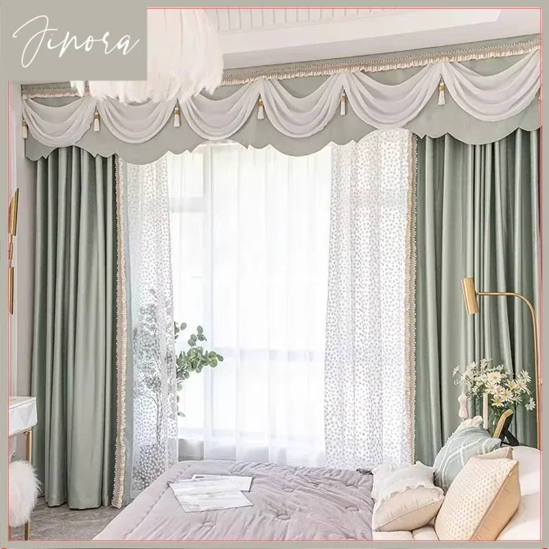Custom Size European Solid Color Green Jacquard Luxury Curtains For Living Room Bedroom Dining Tulle Valance Window Lace Decor
