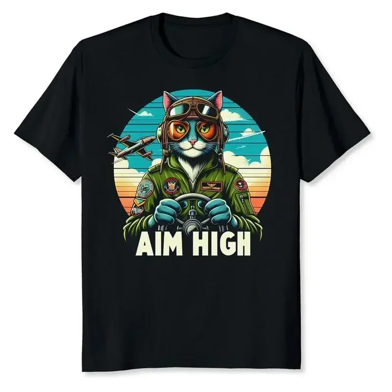 NEW LIMITED Aim High Cat Pilot For Loving Jet Fighter Pilots T Shirt