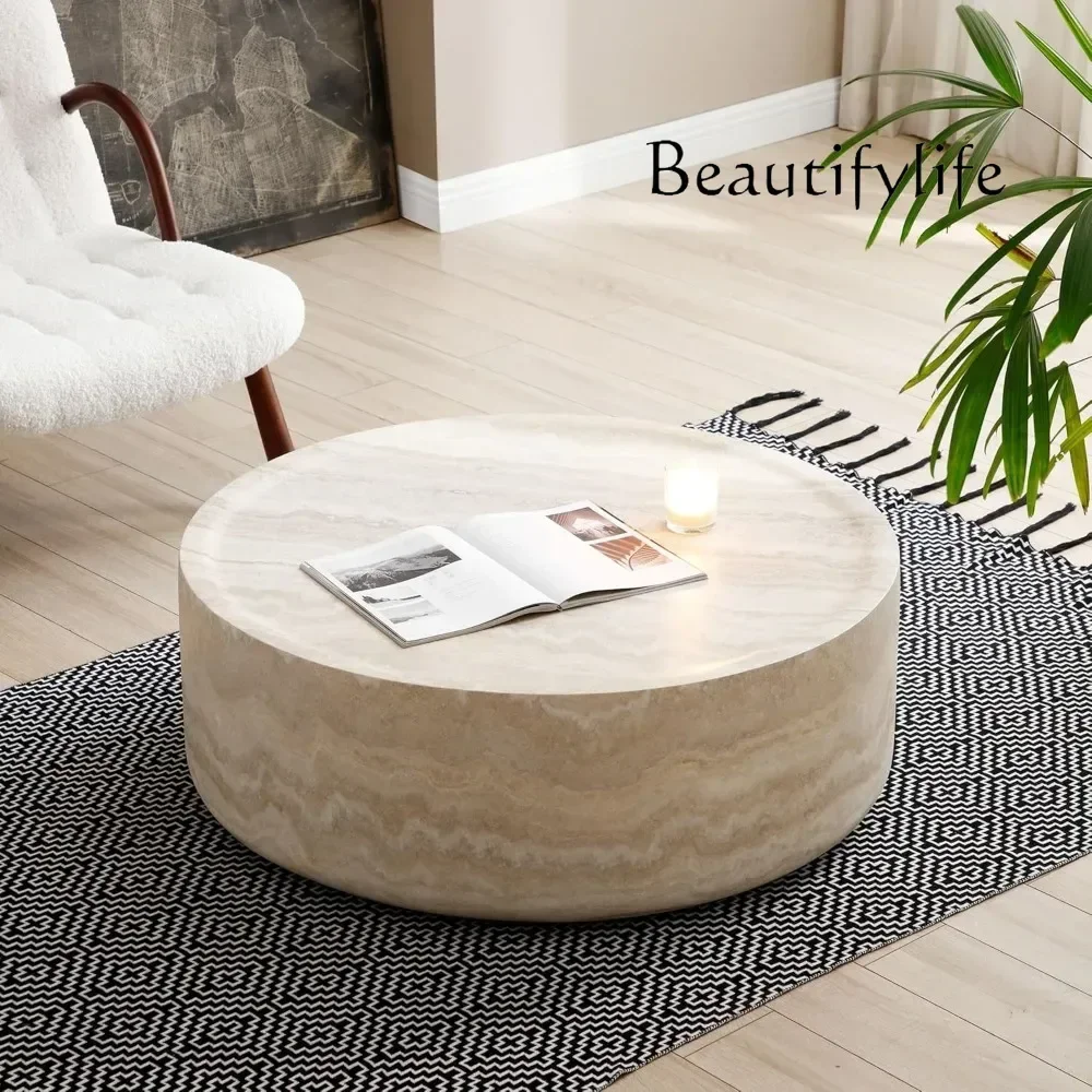 BJ SS Round Faux Marble Coffee Table ,Travertine Textured Tables Fiberglass Center Side Tables For Living Room Office, Coffee Ta