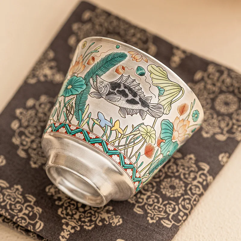 Silver Gilded Ceramic Tea Cup Fish Algae Pattern 999 Silver Master Cup Chinese Kung Fu Tea Personal Cup with Gift Box for Home