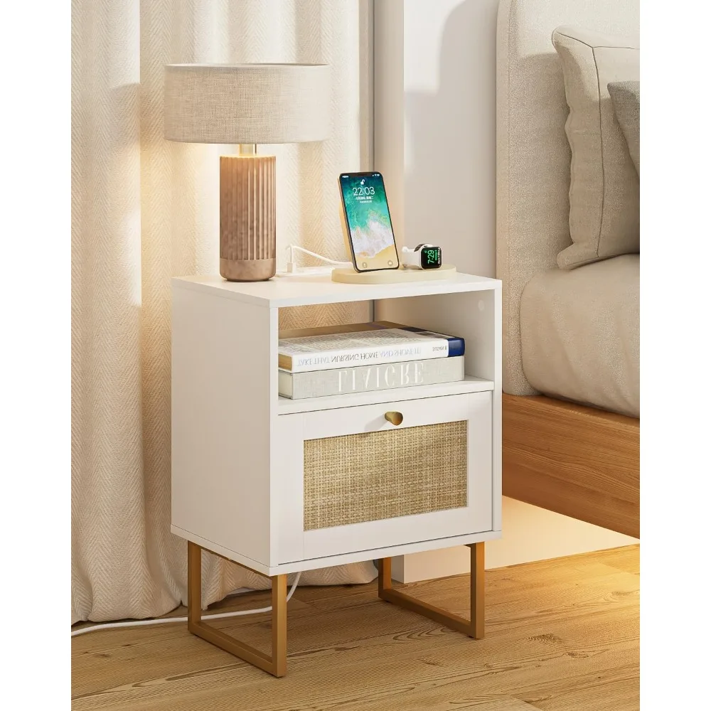 

Rattan Night Stand with Charging Station, Modern Boho Nightstand with Storage Drawer, Wood Bedside Table with Open Shelf, Side E