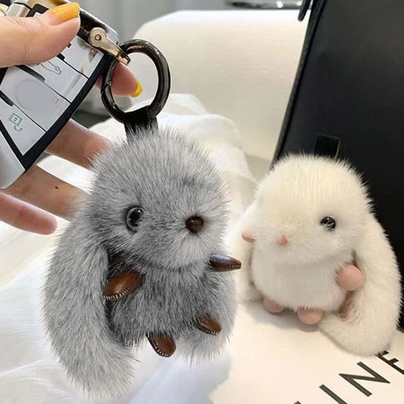 Plush Rabbit Key Chain Ornament Furry Long Eared Rabbit Hanging Pendant for Bag Purse Tote Kids Backpack Accessories