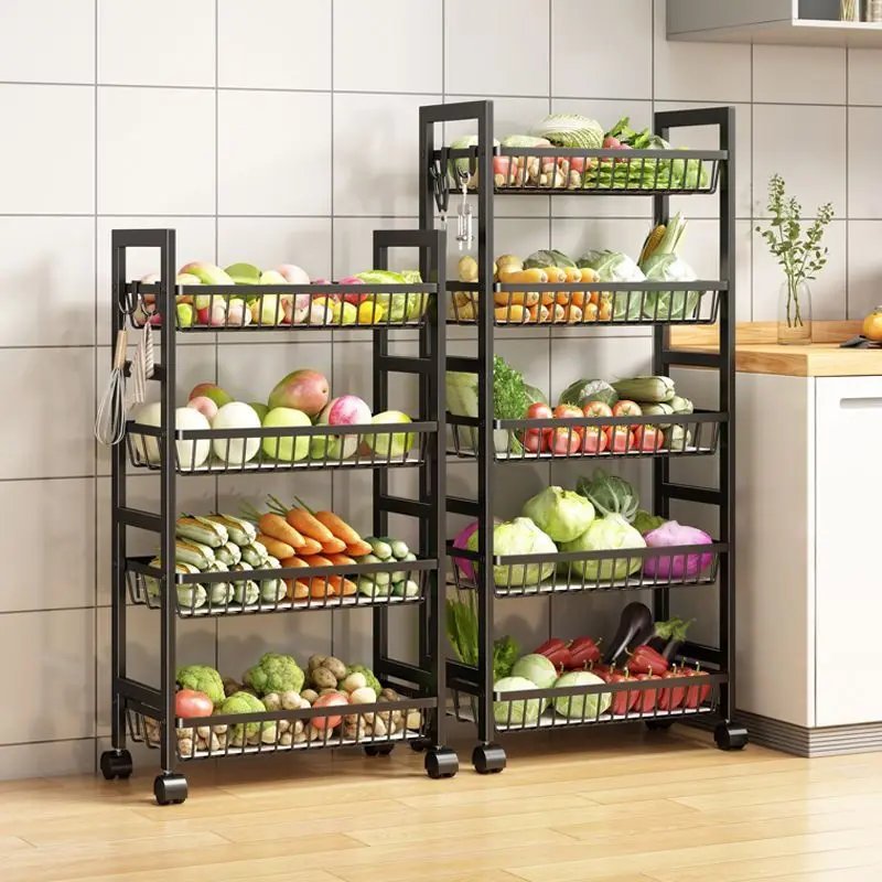 5-Tier Black Metal Kitchen Storage Trolley Cart Rolling Vegetable Fruit Wire Basket Rack With Wheels