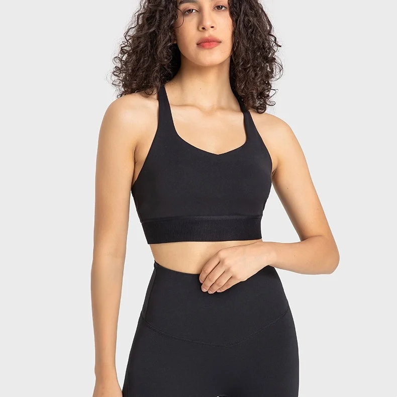 Sutiã esportivo de ioga com logotipo da marca, roupa íntima feminina cruzada sem costas com copo destacável, top curto nu, push-up, colete halter à prova de choque