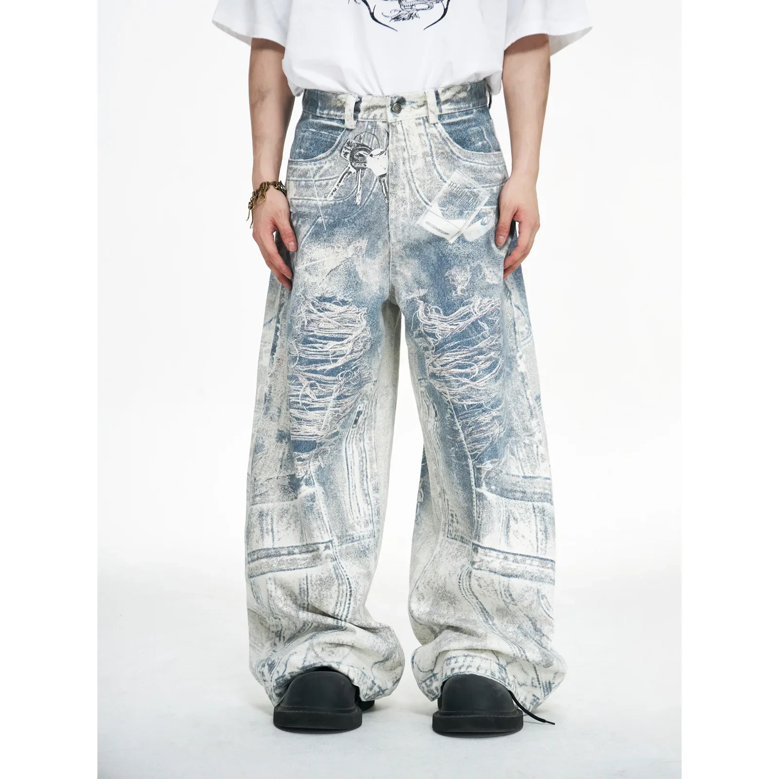 NICE Retro American 3D Printed Denim Wide Leg Pants Key Chain Digital Print High Waist Jeans Casual Comfortable Women's Trousers