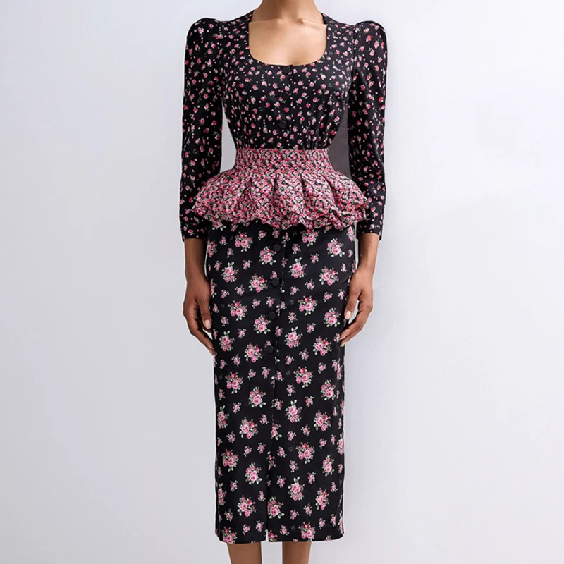 

Tornova Printed Ruffled Dress Women‘s Square Collar High Waist Bodycon Long Dress Elegant Evening Party Clothes Summer New 2025