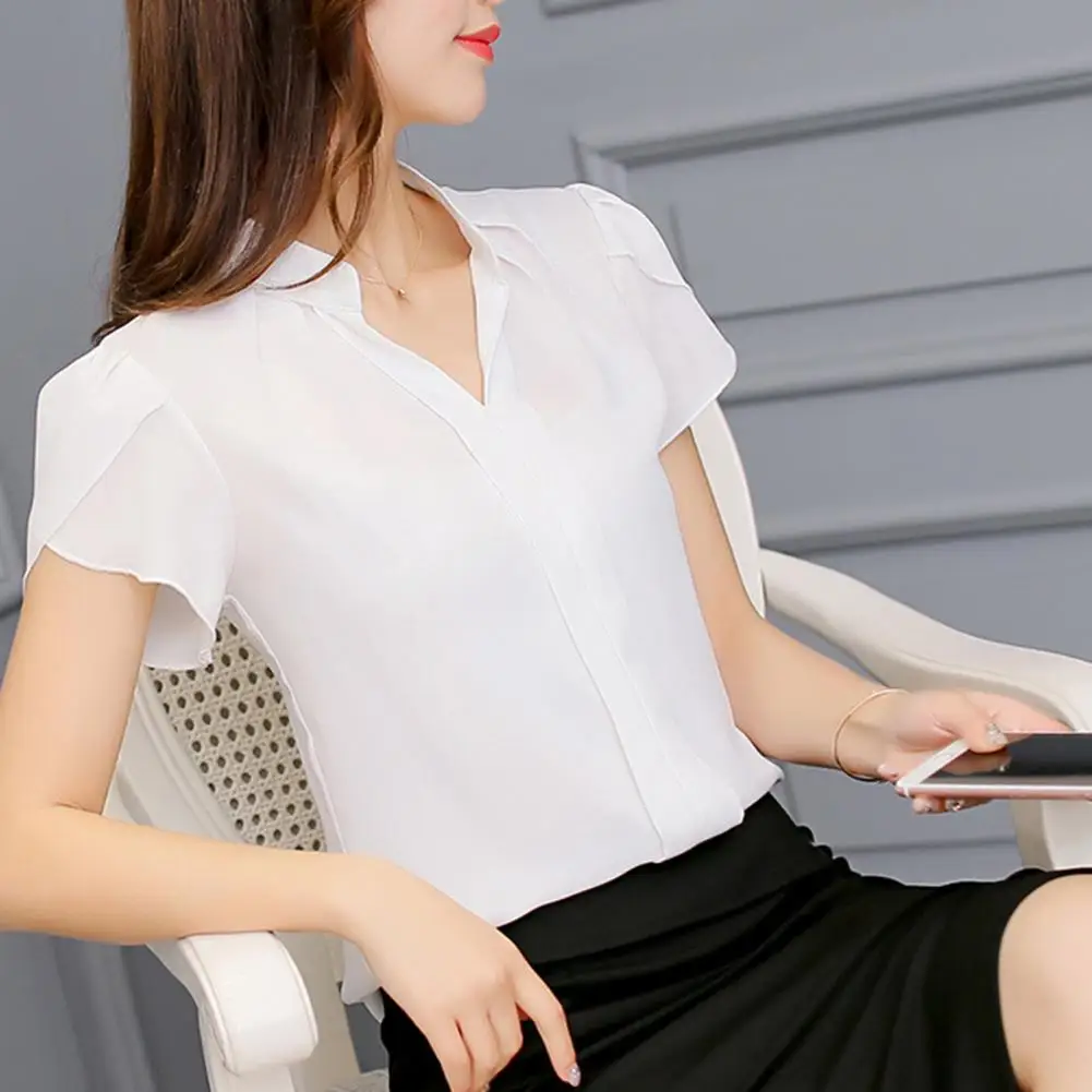 Women Chiffon Shirt Petal Short Sleeve Chiffon Blouse Solid Color Stand Collar V-neck Women's Workwear Thin Summer Pullover Tops